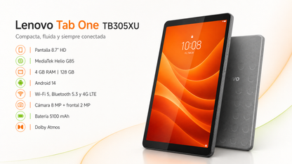 TABLET LENOVO TAB ONE TB305XU, Pantalla 8.7" HD, MediaTek Helio G85, 128GB/Ram 4GB, Android 14, Bluet, WIFI, 4G LTE, Doble Camara, Luna Grey