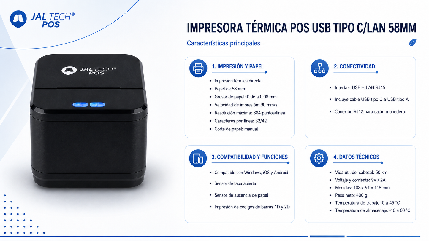 IMPRESORA TERMICA POS USB TIPO C/LAN 58
