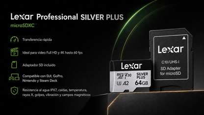 Memoria micro SD Professional SILVER PLUS microSDXC™ UHS-I Card 64GB -up to 205MB/s read, up to 100MB/s write, Class 10, U3, V30, A2 - Lexar® 64GB