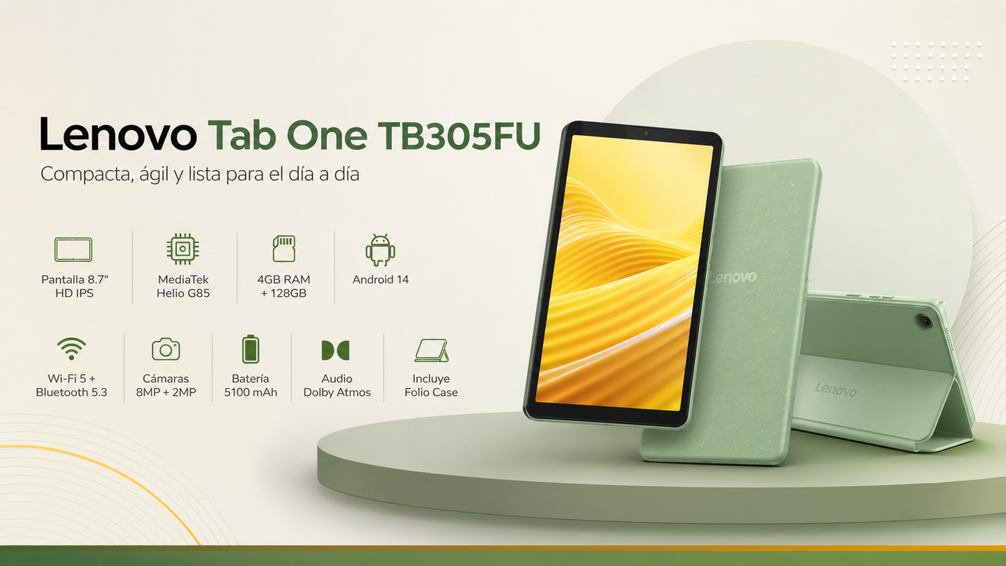TABLET LENOVO TAB ONE TB305FU, Pantalla 8.7" HD, MediaTek Helio G85, 128GB/Ram 4GB, Android 14, Bluet, WIFI, Doble Camara, Seafoam Green
