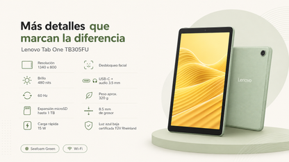TABLET LENOVO TAB ONE TB305FU, Pantalla 8.7" HD, MediaTek Helio G85, 128GB/Ram 4GB, Android 14, Bluet, WIFI, Doble Camara, Seafoam Green