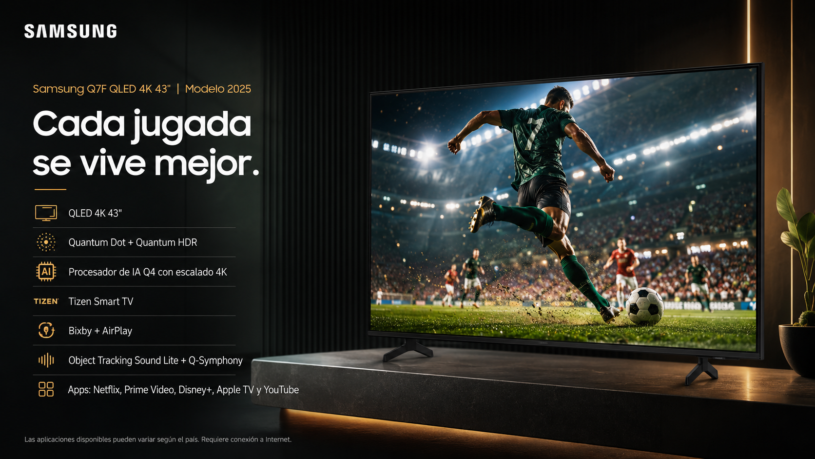 Smart TV Samsung Q7F QLED 4K de 43” con diseño negro, resolución 4K UHD de 3840 × 2160