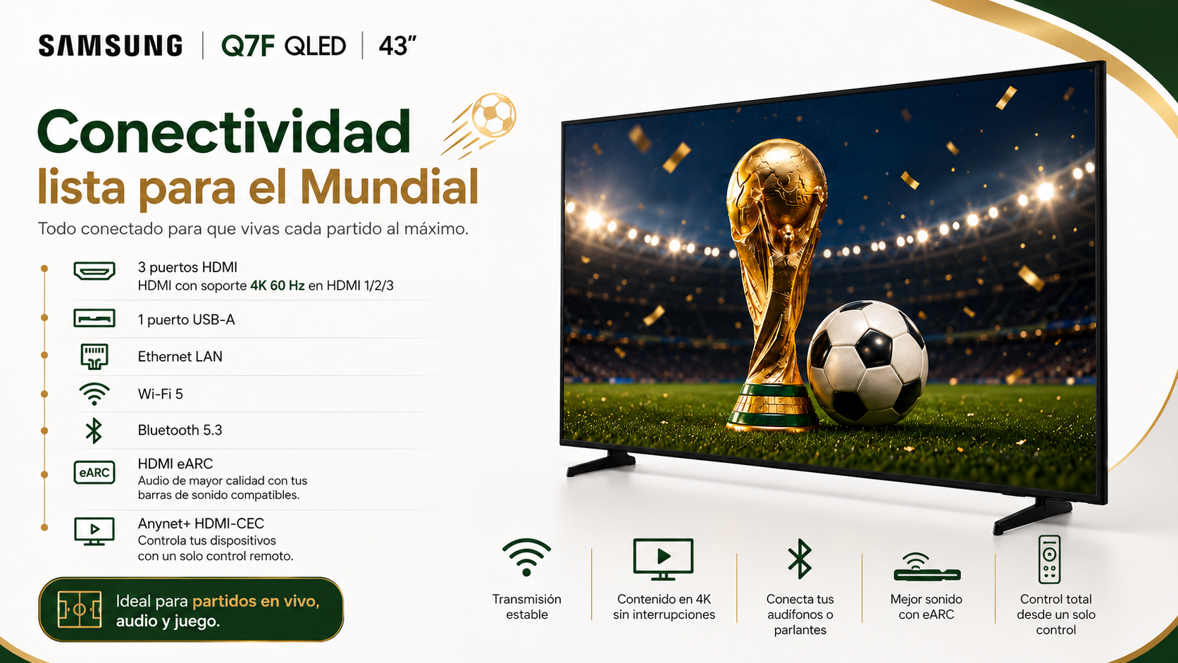 Smart TV Samsung Q7F QLED 4K de 43” con diseño negro, resolución 4K UHD de 3840 × 2160
